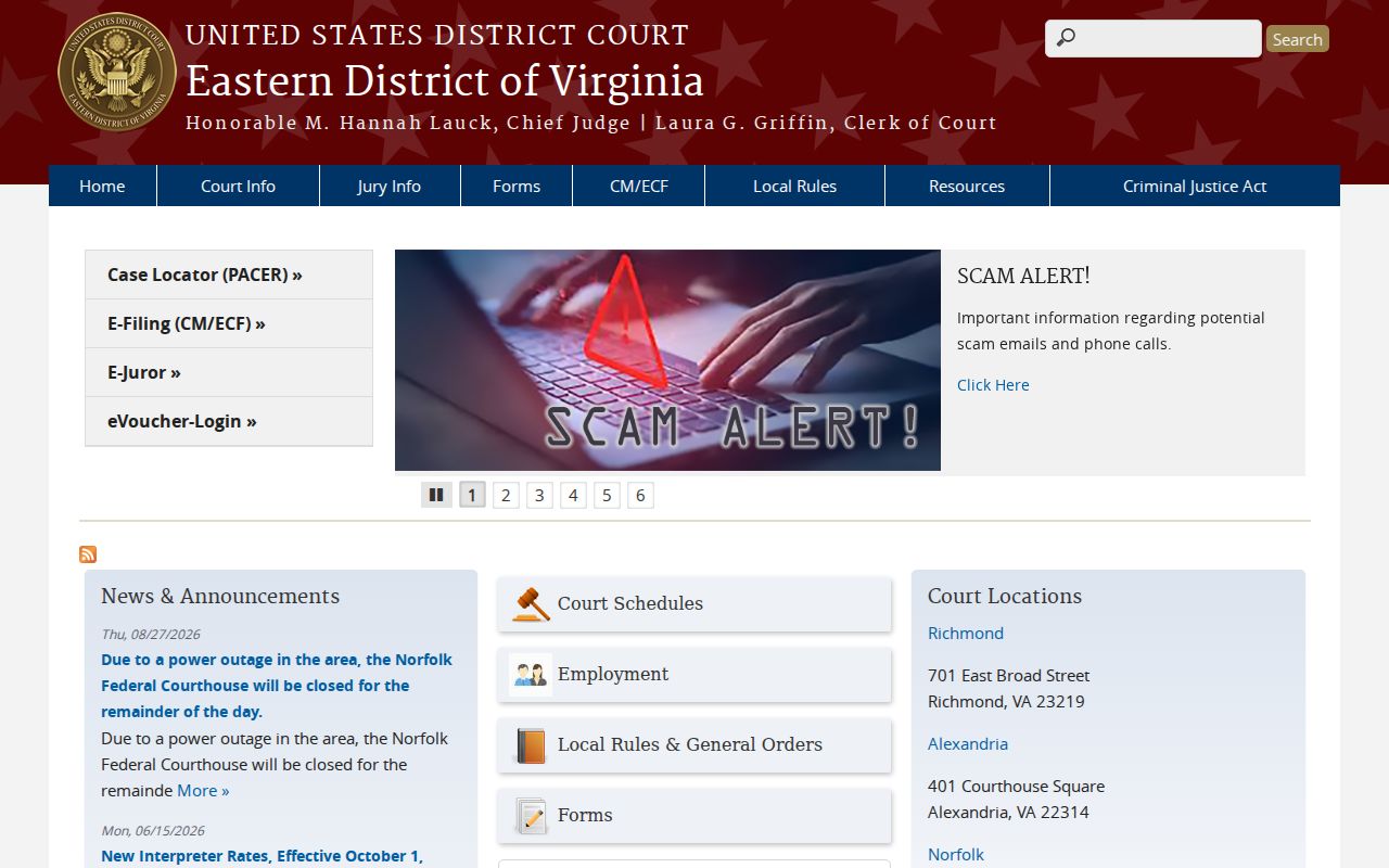 New Kent County warrant reference, Eastern District of Virginia official court homepage